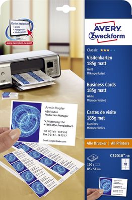 Avery Zweckform® C32010-10 C32010-10 Classic Visitenkarten, 85 x 54 mm, beidseitig be