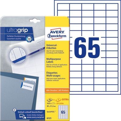 Avery Zweckform® 6121 6121 Universal-Etiketten ultragrip - 38 x 21,2 mm, weiß, 1.950