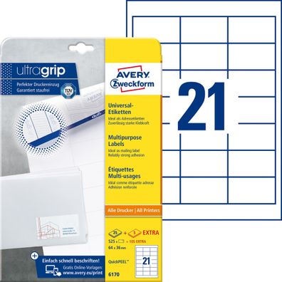 Avery Zweckform® 6170 6170 Universal-Etiketten ultragrip - 64 x 36 mm, weiß, 630 Etik