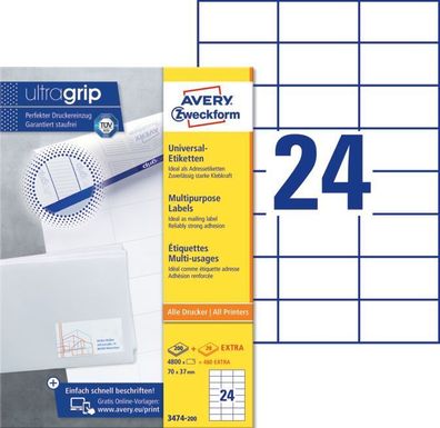 Avery Zweckform® 3474-200 Universal-Etiketten ultragrip - 70 x 37 mm, weiß, 4800 Etik