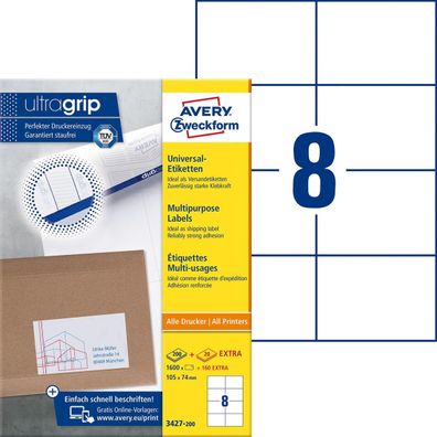Avery Zweckform® 3427-200 3427 Universal-Etiketten ultragrip - 105 x 74 mm weiß, 1.76