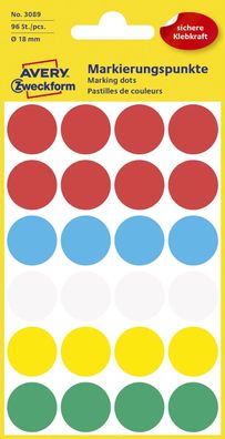Avery Zweckform® 3089 Markierungspunkte - Ø 18 mm, 4 Blatt/96 Etiketten, farbig sorti