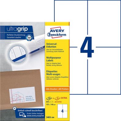 Avery Zweckform® 3483-200 Universal-Etiketten ultragrip - 105 x 148 mm, weiß, 880 Eti