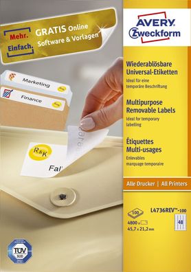 Avery Zweckform® L4736REV-100 Universal-Etiketten - 45,7 x 21,2 mm, weiß, 4.800 Etike