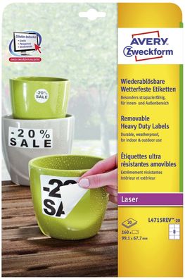 Avery Zweckform® L4715REV-20 L4715REV-20 Wetterfeste Etiketten (A4, 160 Stück, ablösb