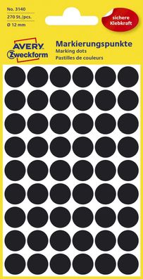 Avery Zweckform® 3140 3140 Markierungspunkte - Ø 12 mm, 5 Blatt/270 Etiketten, schwar
