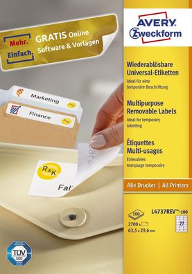 Avery Zweckform® L4737REV-100 L4737REV-100 Universal-Etiketten - 63,5 x 29,6 mm, weiß