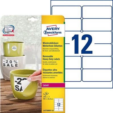 Avery Zweckform® L4776REV-20 L4776REV-20 Folienetiketten - 99,1 x 42,3 mm, weiß, 240