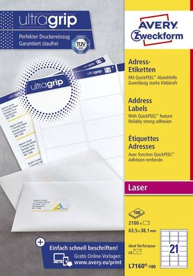 Avery Zweckform® L7160-100 L7160-100 Adress-Etiketten - 63,5 x 38,1 mm, weiß, 2.100 E