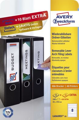Avery Zweckform® L6060REV-20 L6060REV-20 Ordner-Etiketten, 34 x 192 mm, 30 Bogen/240