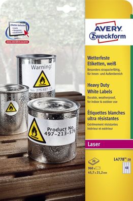 Avery Zweckform® L4778-20 L4778-20 Folien-Etiketten - 45,7 x 21,2 mm, weiß, 960 Etike