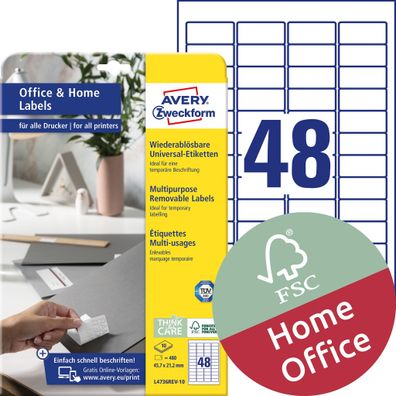 AVERY Zweckform L4736REV-10 Universaletikett 45,7x21,2 weiß Zweckform 480St