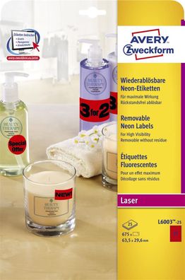 Avery Zweckform® L6003-25 Etiketten in Sonderfarben, 63,5 x 29,6 mm, 25 Blatt/675 Eti