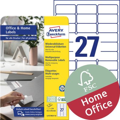 AVERY Zweckform L4737REV-10 Stick+Lift Etiketten, 63,5 x 29,6 mm, weiß