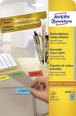 Avery Zweckform® L6048-20 L6048-20 Etiketten - 25,4 x 10 mm, blau, 3.780 Etiketten/20