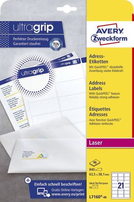 Avery Zweckform® L7160-40 L7160-40 Adress-Etiketten - 63,5 x 38,1 mm, weiß, 840 Etike