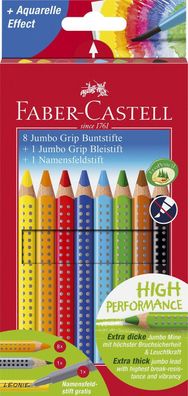 FABER-CASTELL 280921 Buntstift Jumbo GRIP - 8 Farben, Namensfeld- und Bleistift im Pr