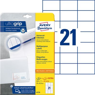Avery Zweckform® 6174 6174 Universal-Etiketten ultragrip - 70 x 42,3 mm, weiß, 630 Et