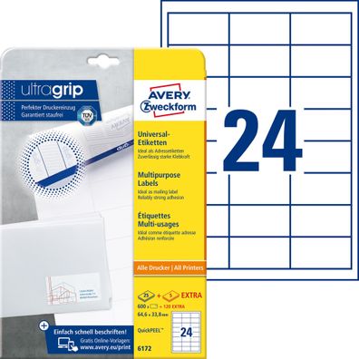 Avery Zweckform® 6172 6172 Universal-Etiketten ultragrip - 64,6 x 33,8 mm, weiß, 720