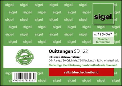 SIGEL SD122 Quittung inkl. MwSt. mit Sicherheitsdruck - A6 quer, SD, 2 x 50 Blatt