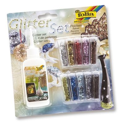 Folia 589 Glitterset - Flocken, 10 farben sortiert, inkl. Deko-Kleber