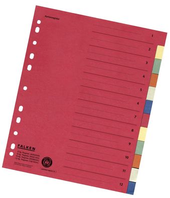Falken 10615334 Zahlenregister - 1-12, Karton farbig, A4, 6 Farben, gelocht mit Orgad