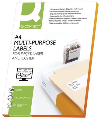 Q-Connect® KF10664 Inkjet+Laser+Kopier-Etiketten - 210,0x297,0 mm, weiß, 100 Stück/10