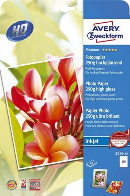 Avery Zweckform® 2556-20 Premium Inkjet Fotopapier DIN A4 hochglänzend 250 g/qm 20 Bl