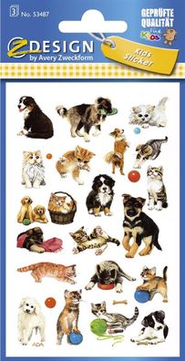 Avery Zweckform® 53487 Z-Design 53487, Kinder Sticker, Katzen, Hunde, 3 Bogen/63 Stic