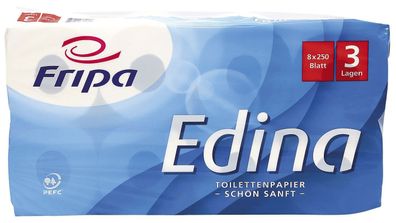 Fripa 1010812 Toilettenpapier Edina - 3-lagig, geprägt, hochweiß, 8 Rollen à 250 Blat