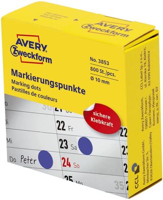 Avery Zweckform® 3853 Markierungspunkte - Ø 10 mm, Spender mit 800 Etiketten, blau