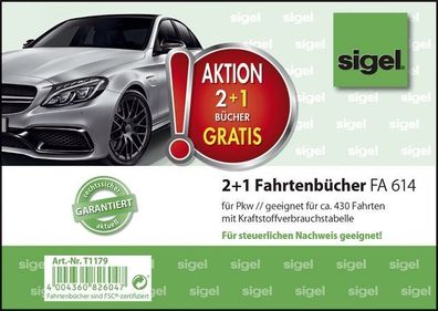 Sigel® T1179 2 + 1 Aktion Fahrtenbuch für Pkw - mit Klammerheftung, A6 quer, 40 Blatt