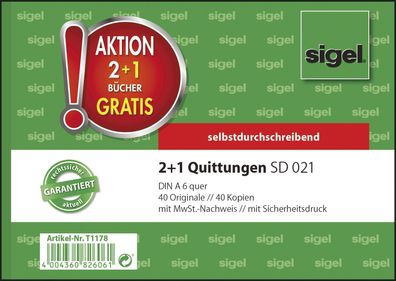 Sigel® T1178 2 + 1 Aktion Quittungen mit Sicherheitsdruck - A6 quer, SD, MP, 2 x 40 B