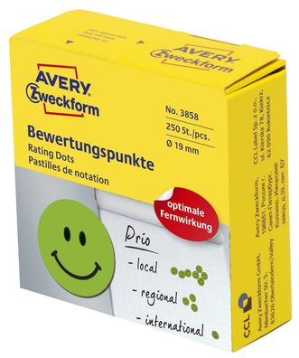 Avery Zweckform® 3858 Bewertungspunkt "lachender Smiley" - Ø 19 mm, Spender mit 250 E