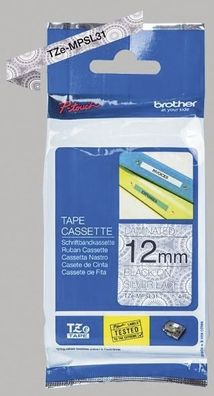 Brother TZe-MPSL31 Schriftbandkassette laminiert 12 mm x 4 m schwarz auf silbernen Sp