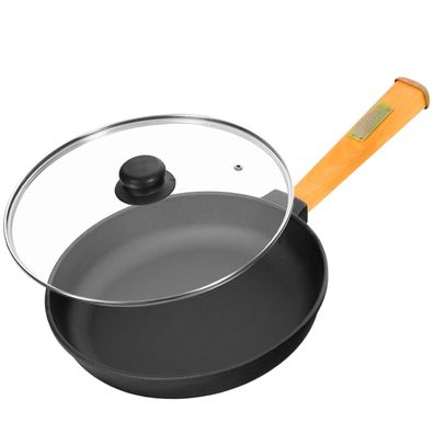 24cm Gusseisenpfanne 47mm hoch mit Holzgriff und Glasdeckel Induktion Bratpfanne