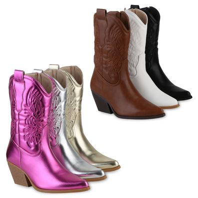 VAN HILL Damen Stiefeletten Cowboy Boots Stickereien Holzoptikabsatz Schuhe 840253