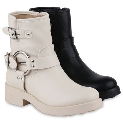 VAN HILL Damen Leicht Gefütterte Biker Boots Schnallen Nieten Schuhe 840843