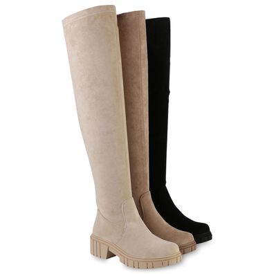 VAN HILL Damen Leicht Gefütterte Overknees Stiefel Profil-Sohle Schuhe 839547