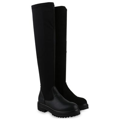 VAN HILL Damen Overknees Stiefel Plateau Vorne Profil-Sohle Schuhe 840519