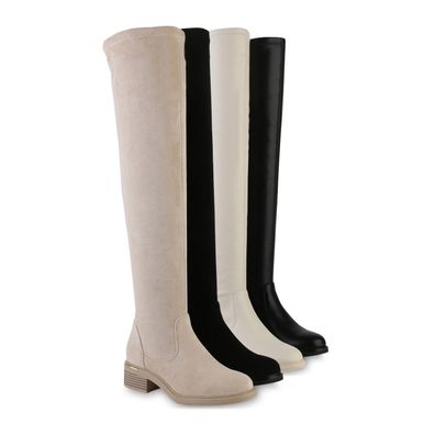 VAN HILL Damen Leicht Gefütterte Overknees Stiefel Holzoptikabsatz Schuhe 840778