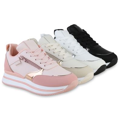 VAN HILL Damen Plateau Sneaker Keilabsatz Schnürer Metallic Zipper Schuhe 840174