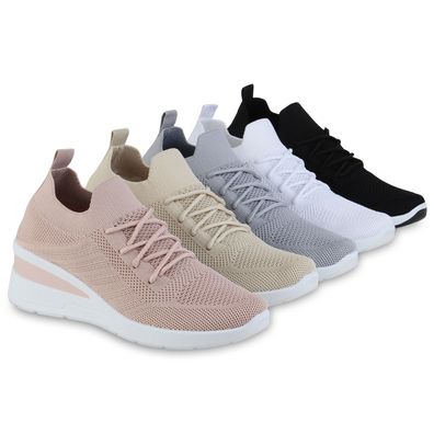 VAN HILL Damen Sneaker Wedges Schnürer Strick Profil-Sohle Schuhe 840166