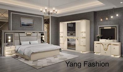 Luxus-Schlafzimmer-Komplettset, 6-teilig, Hochglanz in Beige und Gold, Bett 180 × 200