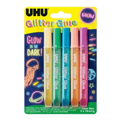 UHU 48210 Glitzerkleber Glitter Glue "GLOW IN THE DARK", 5 x 10 ml