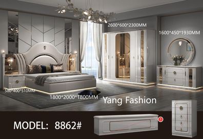 Luxus-Schlafzimmer-Komplettset, 6-teilig, Hochglanz in Beige und Gold, Bett 180X200CM