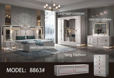 Luxus-Schlafzimmer-Komplettset, 6-teilig, Hochglanz in Beige und Gold, Bett 180 × 200