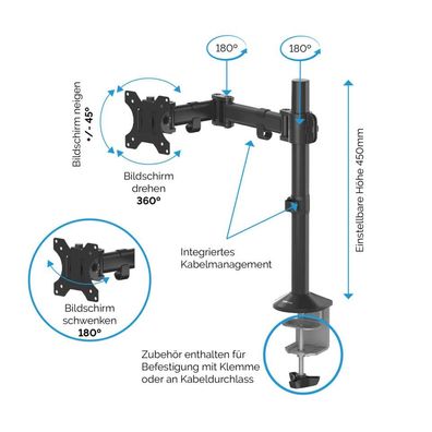 Fellowes 8502501 Einzel-Monitorarm Reflex, höhenverstellbar, schwarz