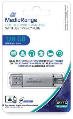 MediaRange MR938 USB Stick 3.0 - 128 GB, Kombo-Stick mit USB Type-C™ Stecker, silber