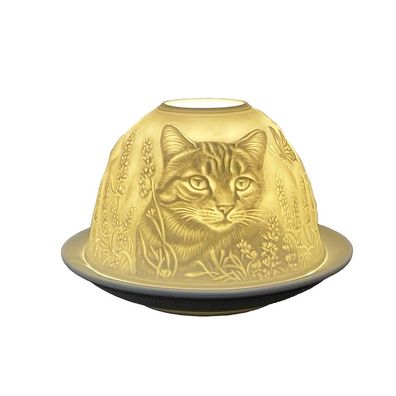 Clayre & Eef Teelichthalter Ø 12x8 cm Weiß Porzellan Katze (Gr. Ø 12x8 cm)